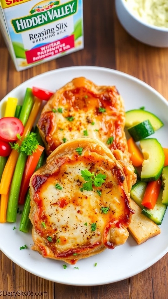 Air fryer pork chops seasoned with ranch dressing, garnished with parsley, served with vegetables on a rustic table.